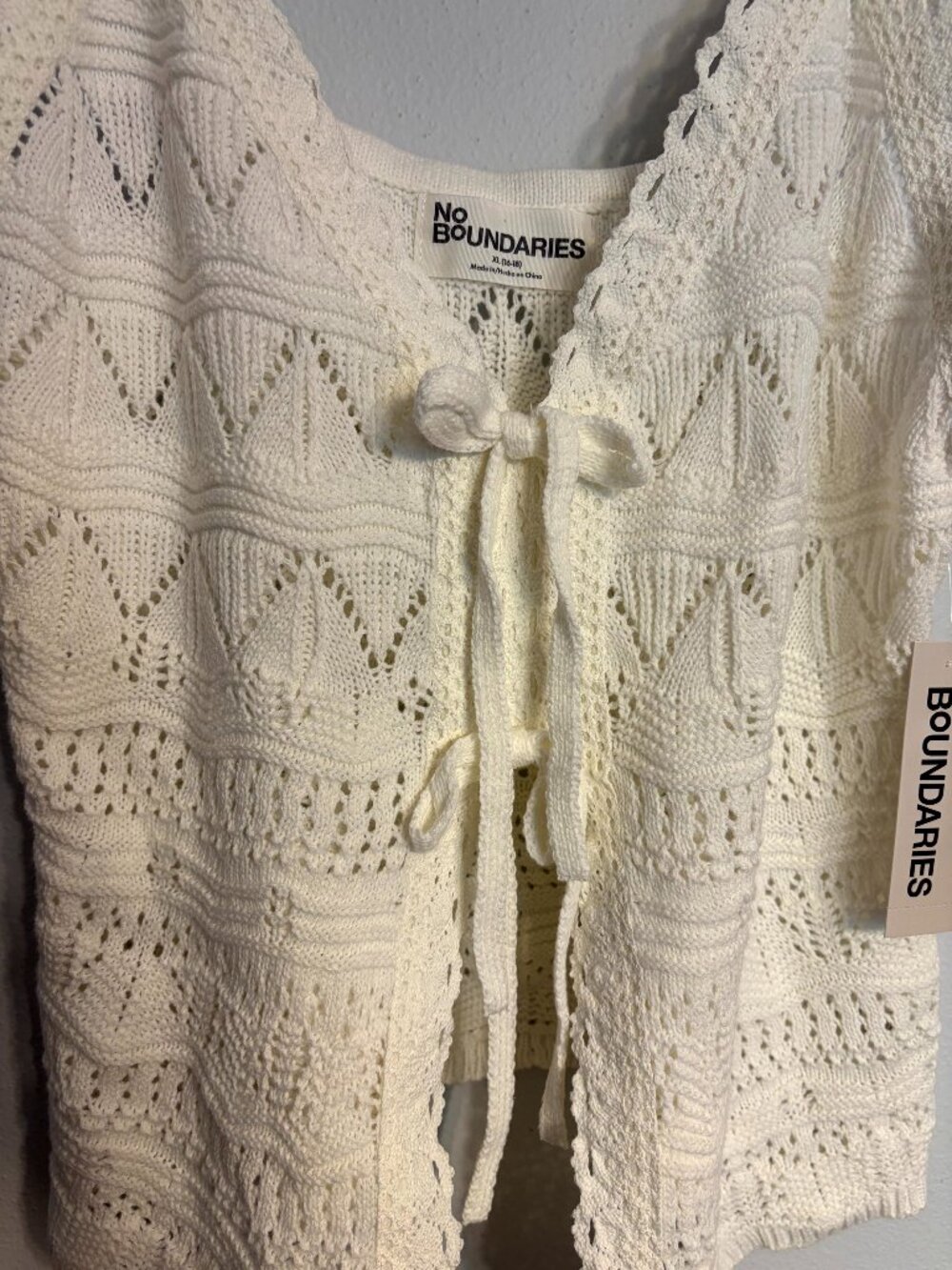 No Boundaries Women's Crochet Knit Tank Top Cream XL (16-18) Ties in Front NWT